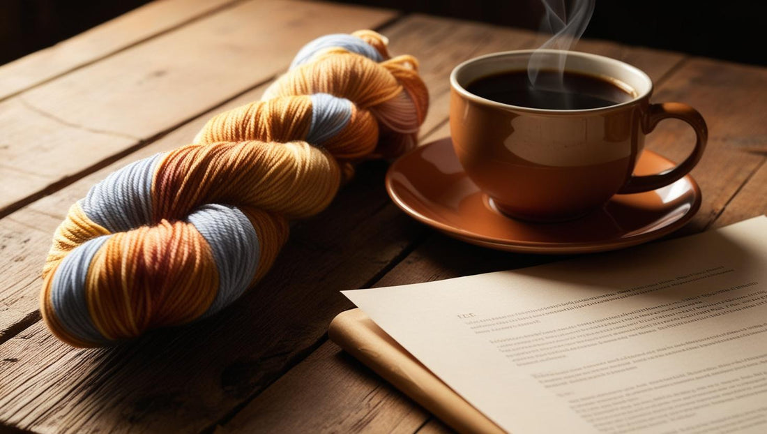 yarn and coffee with a book on a table